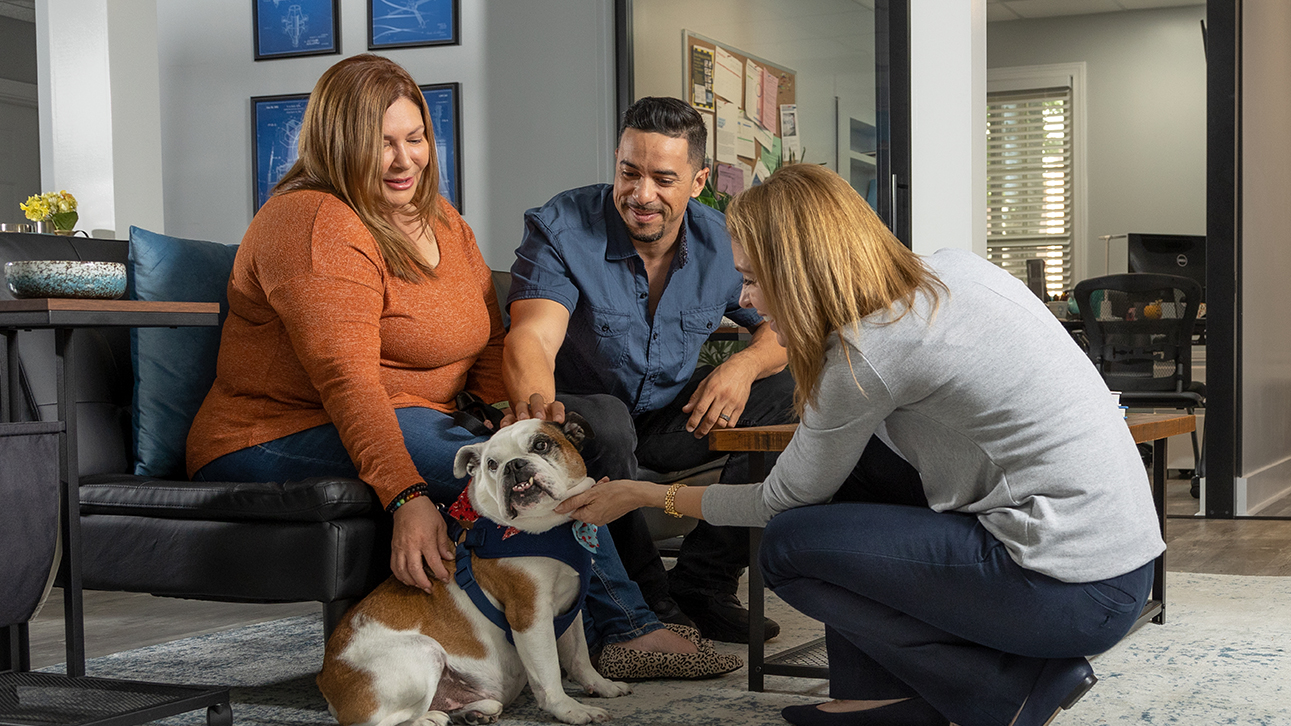 Three people in office setting, two people sitting on a couch and one kneeling down, all petting and looking a dog.