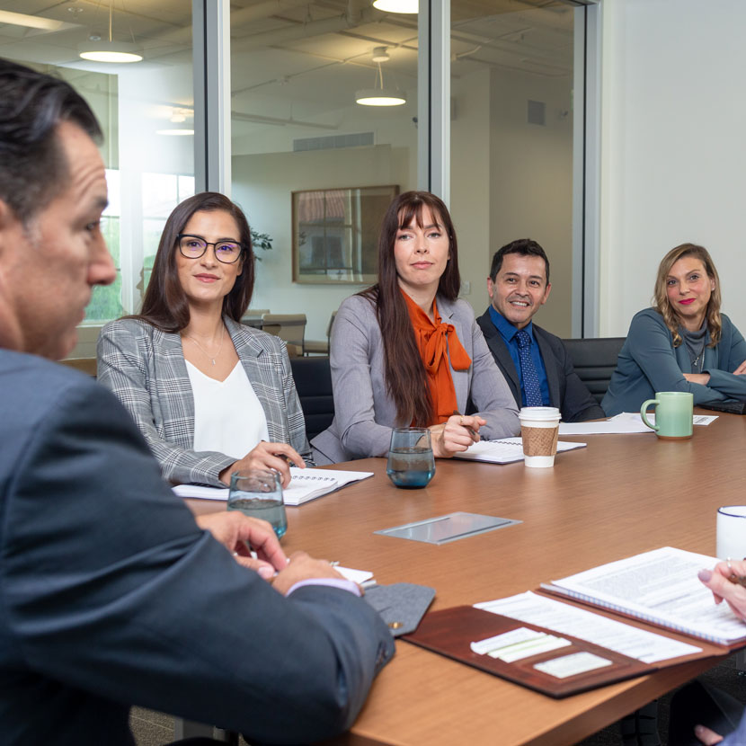 A group of people sit at a conference table and dicscuss TruStage compliance solutions