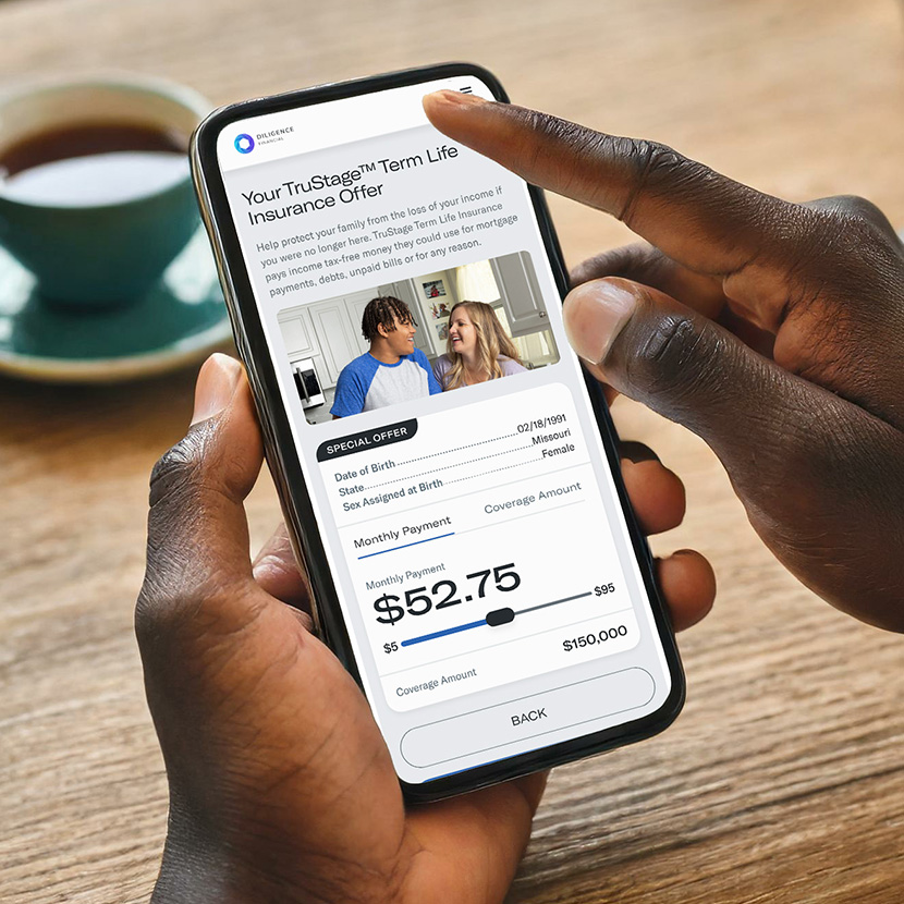 A consumer using a cellphone reviews a TruStage Term Life insurance offer.