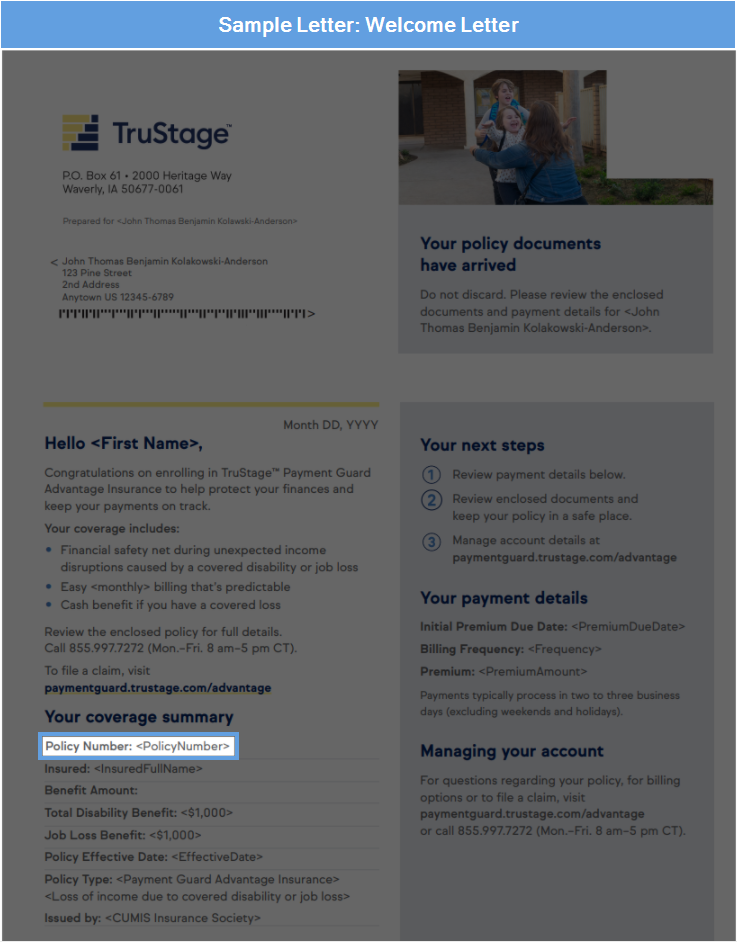 Payment Guard Advantage Insurance Sample Welcome Letter